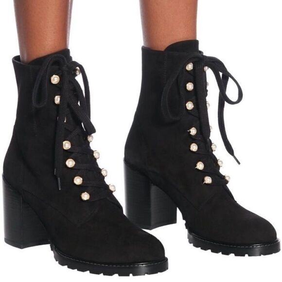 STUART WEITZMAN Boots Women Size 10 Ivey Suede Combat Pearl Button Black Bootie - Picture 1 of 10
